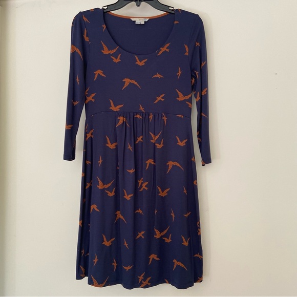 Boden Navy Scoop Neck 3/4 Sleeve Dress With Brown Print Birds Size 8 Regular - Picture 1 of 9